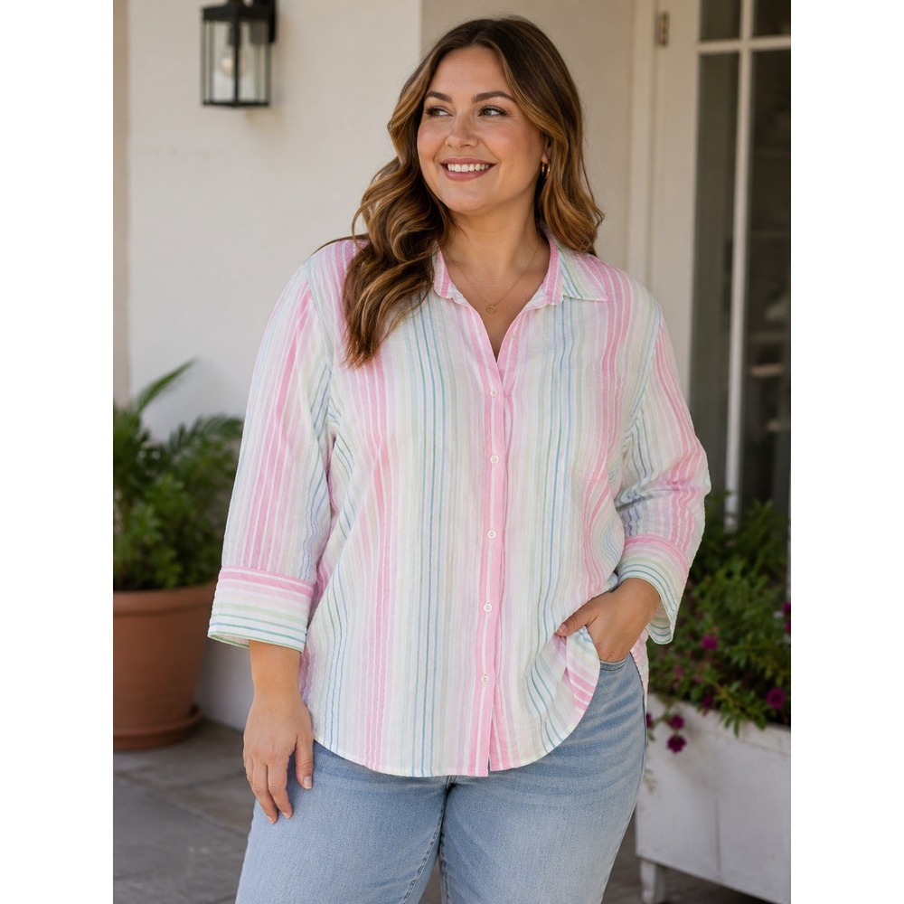 TALBOTS Women's 2X Pink Green Yellow Striped Shirt -434